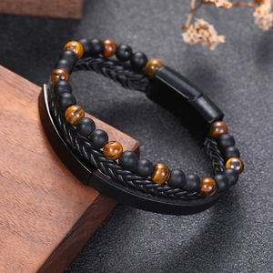 Retro Men Multi-layer Tiger Eye Stone Bracelet Genuine Leather Braided Bangle Stainless Steel Magnetic Clasp Punk Jewelry