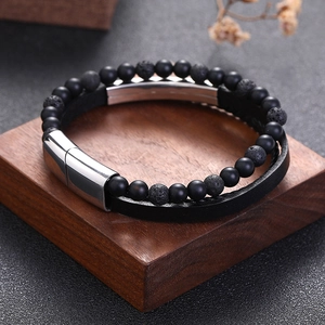 Men's multi-layer black leather bracelet with tiger eye beads and matte volcanic stone