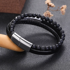 Men's multi-layer leather bracelet with 6mm tiger eye beads and stainless steel magnetic clasp