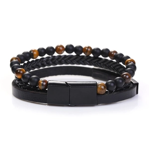Men's multilayer set with tiger eye stones and black braided leather bracelets