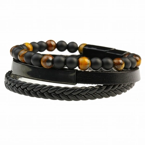 Detail of multi-layer men's set with tiger eye beads and braided black leather bracelets
