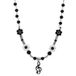 Collar de cuentas negras con tubos plateados, girasoles sonrientes y colgante clave de sol