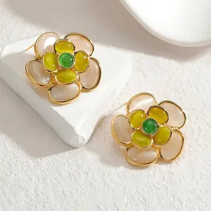 18K gold plated stainless steel floral earrings with green gemstone and colorful petals