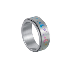 Rotating stainless steel anxiety ring with colorful star and moon motifs on brushed finish
