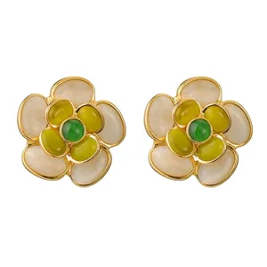 Vintage 3D Flower Stud Earrings 18K Gold Plated Stainless Steel Cat Eye Stone Floral Jewelry For Women Wedding Banquet