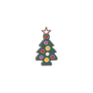 Cute Christmas tree enamel brooch with golden star and colorful ornaments on white background