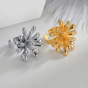 Minimalist stainless steel open ring with artistic 3D floral stamen design in gold and silver