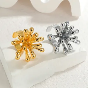 Minimalist adjustable stainless steel open rings with 3D sunflower floral designs