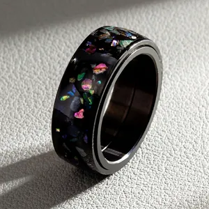 Anello rotante da uomo 8mm in acciaio inossidabile nero con intarsio in opale colorato