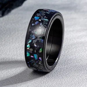 Anello rotante da 8mm in acciaio nero con intarsio in abalone colorato da uomo