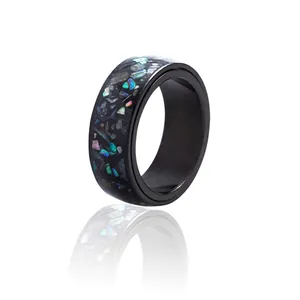 Anello Rotante in Acciaio Inossidabile per Uomo Donna Nero Colorato Intarsio in Conchiglia di Abalone Geometrico Moda