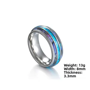 Detailansicht des 8mm breiten Edelstahlrings mit Inlays aus blauem Opal und Abalone
