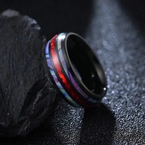 Luxus Edelstahl Herrenring Mit Abalone-Muschel Und Kohlefaser-Inlay Galvanisiert Poliert Band Schmuck Geschenk