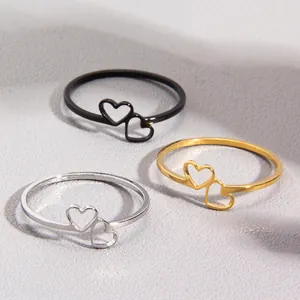 Minimalist stainless steel double heart hollow rings in gold silver and black colors