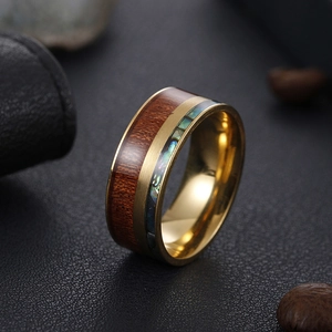 Retro stainless steel gold ring with natural wood inlay and abalone shell design