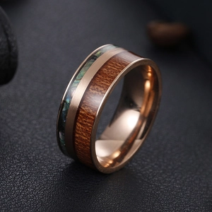 Vintage titanium steel ring with rose gold finish and walnut wood abalone shell inlay