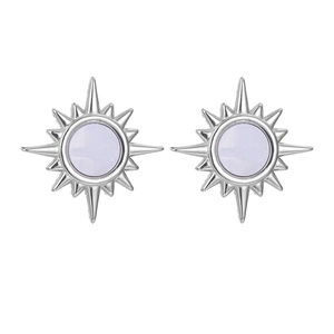 Minimalist starburst earrings in silver stainless steel with purple center and spikes