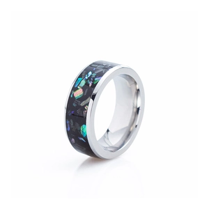8mm titanium steel ring featuring galaxy-themed black resin and colorful opal inlays