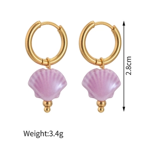 Detailed view of purple shell tassel earrings with measurements 2.8cm and 3.4g weight