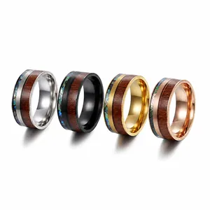 Unisex Vintage Stainless Steel Ring With Wood And Abalone Shell Inlay Geometric Polished Band Finger Jewelry Gift Accessory