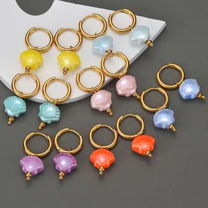 Colorful shell tassel earrings in 18K gold titanium steel with vibrant ocean vibes