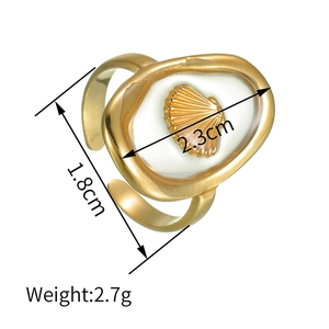 Detailed view showing dimensions and weight of shell-inlaid oval stainless steel ring