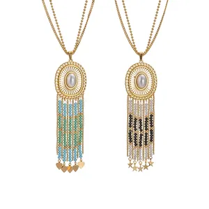 Boho Lange Quaste Anhänger Halskette Edelstahl Kunstperle Hohl Oval Ethnisch Pulloverkette Damen Schmuck