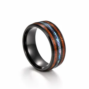 Vintage Black Stainless Steel Ring With Wood Grain And Abalone Shell Inlay For Men Women Couple Fashion Finger Jewelry