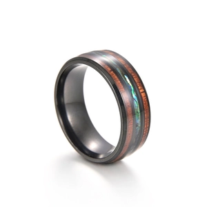 Vintage titanium steel ring featuring black wood grain and colorful abalone shell inlay