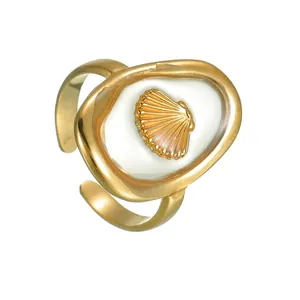 Stainless Steel Shell Inlaid Oval Open Ring For Women Minimalist Adjustable Sea Shell Pattern Fashion Finger Jewelry Accessory