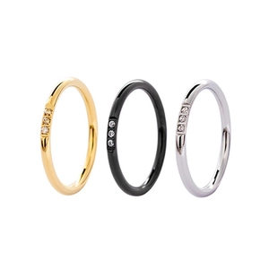 Lot de trois bagues en acier inoxydable de 2,5 mm en or, noir et argent avec trois zircons