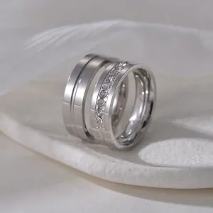 Elegant 6mm silver stainless steel couple rings with cubic zirconia inlay for lovers