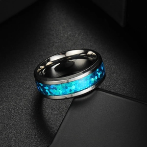 8mm tungsten carbide ring for men with inlaid vibrant blue opal and silver metallic finish