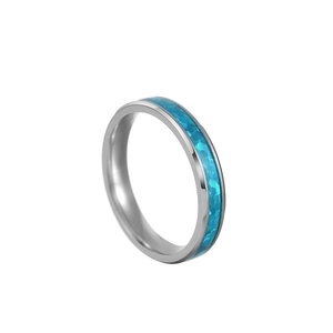8mm tungsten ring featuring vibrant blue-green crushed opal inlay on polished silver band
