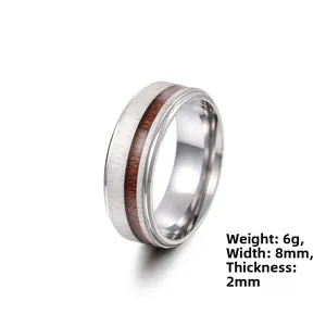 Detail view of 8mm matte stainless steel ring with wood inlay and size dimensions