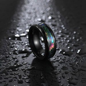 Black tungsten ring with faceted hammer finish and colorful abalone shell inlay for men
