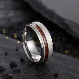 Men's matte brushed stainless steel ring featuring a vintage wood grain inlay detail