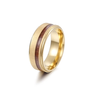 Matte gold stainless steel ring featuring a sophisticated dark wood grain inlay for men