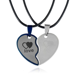 Blue and silver stainless steel heart puzzle necklace with love you engraving