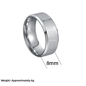 Detailed close-up of 8mm silver stainless steel ring with Roman numerals and matte finish
