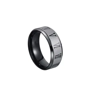 8mm stainless steel roman numeral couple ring with black and silver dual-tone finish