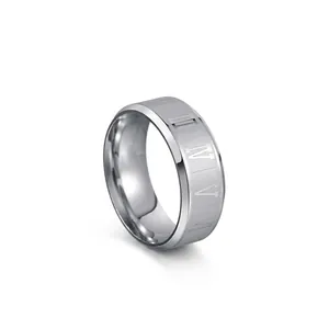 Close-up of 8mm stainless steel ring featuring engraved Roman numerals and brushed finish
