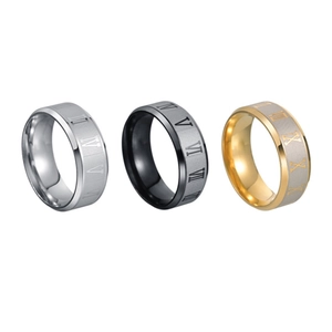 8mm stainless steel roman numeral rings in silver, black and gold finishes