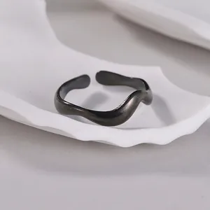 Minimalist black matte irregular wave open ring with adjustable band for women