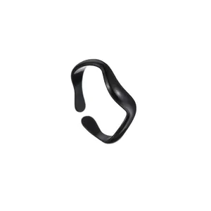 Minimalist matte black wavy open ring featuring sleek irregular curves for women