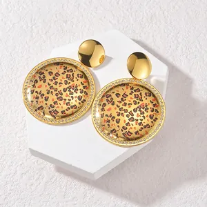 Retro round gold stainless steel earrings with leopard print and sparkling rhinestones
