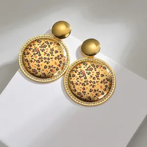 Vintage round leopard print earrings with sparkling rhinestones on stainless steel