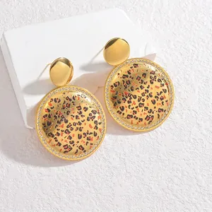 Vintage round leopard print earrings with sparkling rhinestones and golden finish