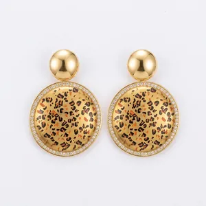 Vintage Leopard Print Round Stud Earrings For Women Stainless Steel Rhinestone Inlaid Geometric Circle Earrings Fashion Jewelry
