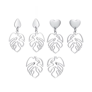 Minimalist stainless steel hollow monstera leaf earring set with polished silver finish